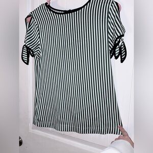 Ann Taylor Green & White Striped Tie-Sleeve Top